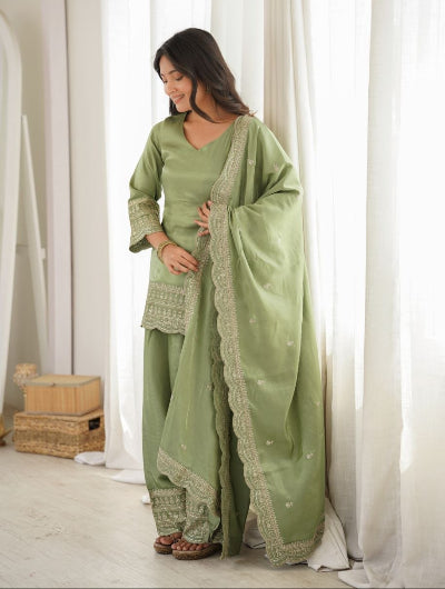 Designer Pista Green Embroidered Farshi Suit Set
