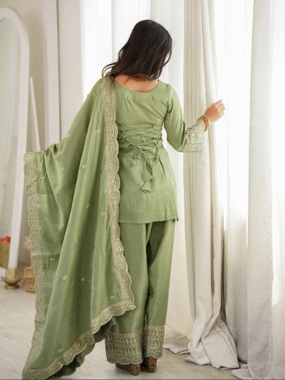 Designer Pista Green Embroidered Farshi Suit Set
