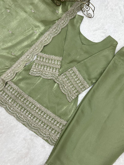 Designer Pista Green Embroidered Farshi Suit Set