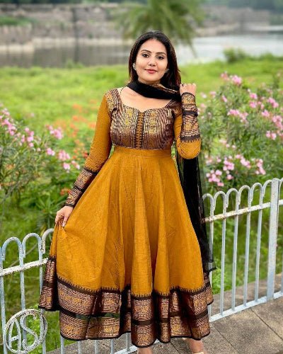 Mustard South Indian Zari Work Anarkali Dupatta 2pc - BONYHUBSALWAR KAMEEZ