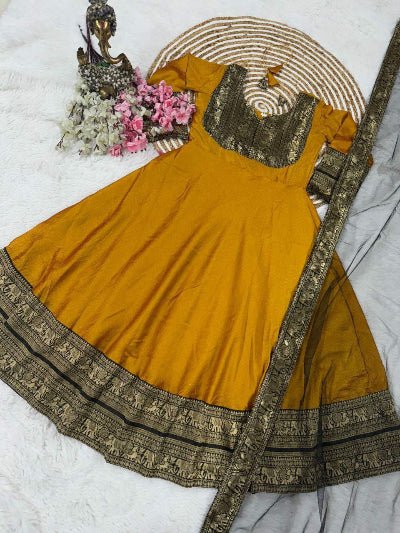 Mustard South Indian Zari Work Anarkali Dupatta 2pc - BONYHUBSALWAR KAMEEZ