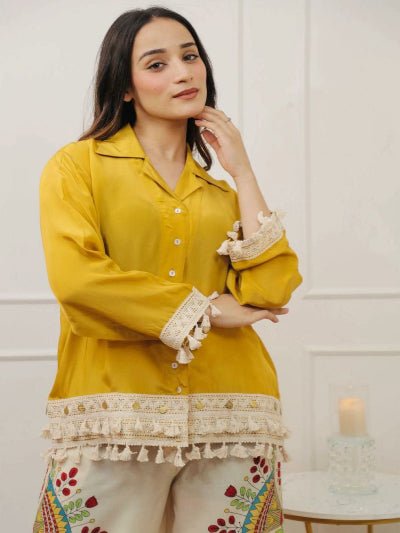 Yellow Cotton Tassel Kurti Printed Palazzo Set Of 2 - BONYHUBSALWAR KAMEEZ