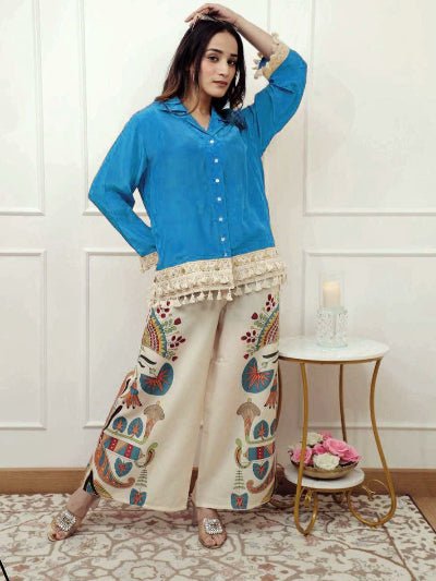 Sky Blue Cotton Tassel Kurti Printed Palazzo Set Of 2 - BONYHUBSALWAR KAMEEZ