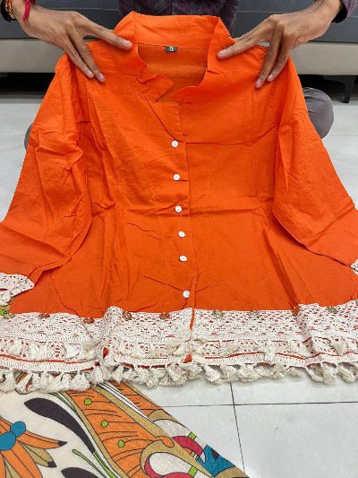 Orange Cotton Tassel Kurti Printed Palazzo Set Of 2 - BONYHUBSALWAR KAMEEZ