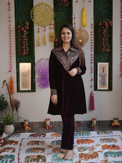 Wine Velvet Embroidery Work Kurti Pant Set Of 2 - BONYHUBSALWAR KAMEEZ