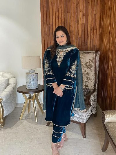 Turquoise Blue Velvet Rich Embroidered Suit Set - BONYHUBSALWAR KAMEEZ