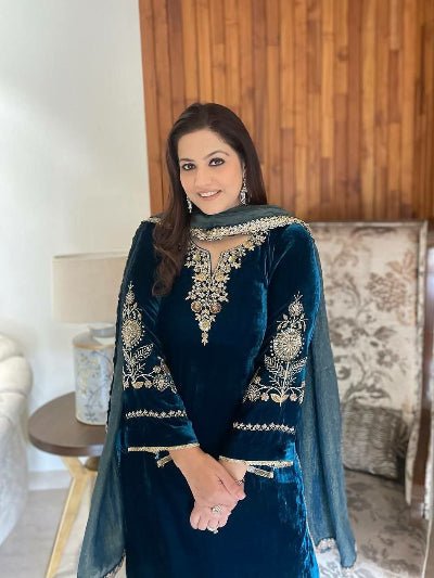 Turquoise Blue Velvet Rich Embroidered Suit Set - BONYHUBSALWAR KAMEEZ