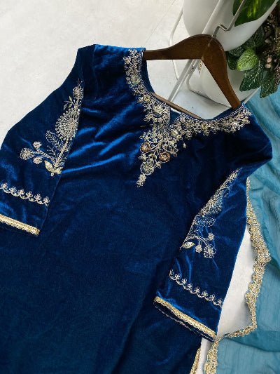Turquoise Blue Velvet Rich Embroidered Suit Set - BONYHUBSALWAR KAMEEZ
