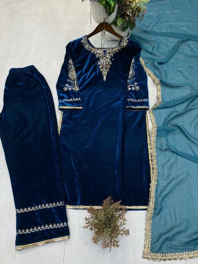 Turquoise Blue Velvet Rich Embroidered Suit Set - BONYHUBSALWAR KAMEEZ