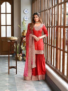 Red Chinon Silk Embroidery Sharara Suit With Bandhani Dupatta - BONYHUBSALWAR KAMEEZ