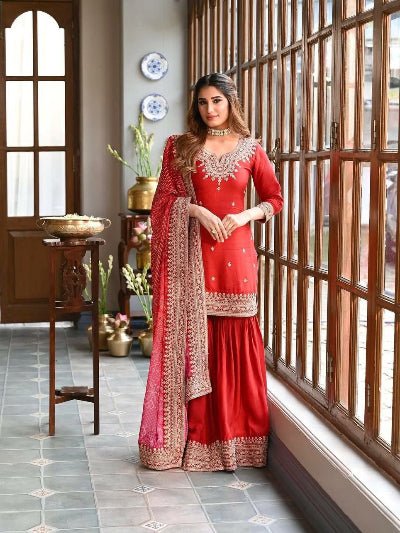 Red Chinon Silk Embroidery Sharara Suit With Bandhani Dupatta - BONYHUBSALWAR KAMEEZ