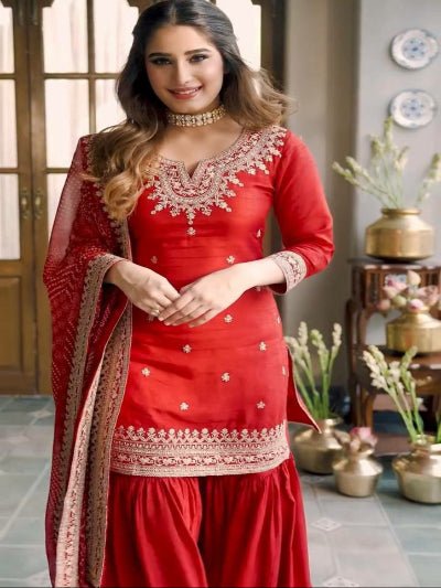 Red Chinon Silk Embroidery Sharara Suit With Bandhani Dupatta - BONYHUBSALWAR KAMEEZ