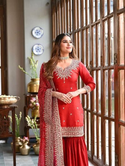 Red Chinon Silk Embroidery Sharara Suit With Bandhani Dupatta - BONYHUBSALWAR KAMEEZ
