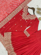 Red Chinon Silk Embroidery Sharara Suit With Bandhani Dupatta - BONYHUBSALWAR KAMEEZ