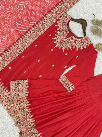 Red Chinon Silk Embroidery Sharara Suit With Bandhani Dupatta - BONYHUBSALWAR KAMEEZ