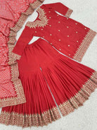 Red Chinon Silk Embroidery Sharara Suit With Bandhani Dupatta - BONYHUBSALWAR KAMEEZ
