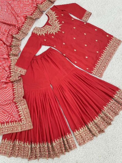 Red Chinon Silk Embroidery Sharara Suit With Bandhani Dupatta - BONYHUBSALWAR KAMEEZ