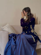 Dark Blue Velvet Gold Embroidery Sharara Palazzo Suit - BONYHUBSALWAR KAMEEZ