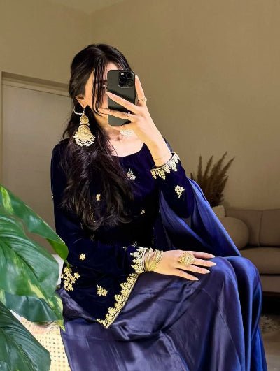 Dark Blue Velvet Gold Embroidery Sharara Palazzo Suit - BONYHUBSALWAR KAMEEZ