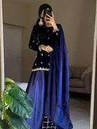 Dark Blue Velvet Gold Embroidery Sharara Palazzo Suit - BONYHUBSALWAR KAMEEZ