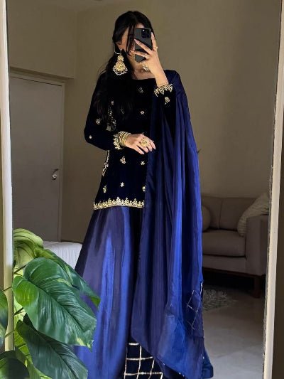 Dark Blue Velvet Gold Embroidery Sharara Palazzo Suit - BONYHUBSALWAR KAMEEZ