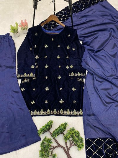 Dark Blue Velvet Gold Embroidery Sharara Palazzo Suit - BONYHUBSALWAR KAMEEZ