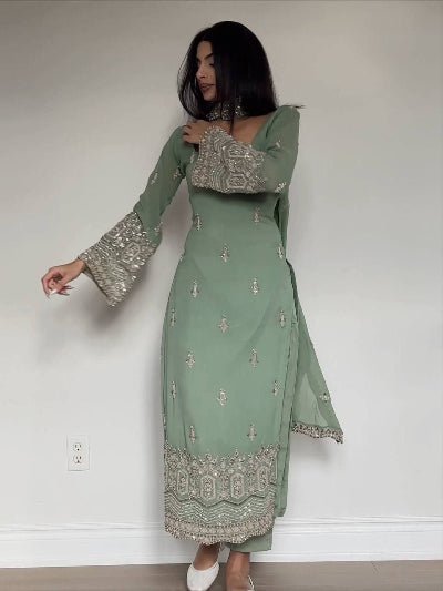 Pastel Seagreen Georgette Embroidery Work Straight Suit - BONYHUBSALWAR KAMEEZ