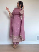 Pastel Mauve Pink Georgette Embroidery Work Straight Suit - BONYHUBSALWAR KAMEEZ