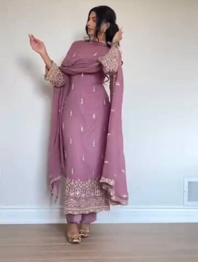 Pastel Mauve Pink Georgette Embroidery Work Straight Suit - BONYHUBSALWAR KAMEEZ