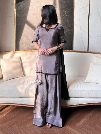 Moonstone Grey Embroidery Work Farshi Suit