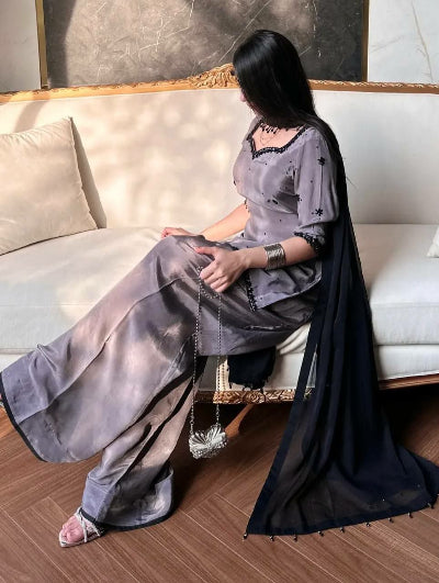 Moonstone Grey Embroidery Work Farshi Suit