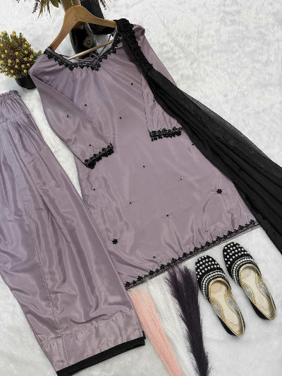Moonstone Grey Embroidery Work Farshi Suit