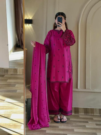 Hot Pink Embroidered Rayon Cotton Farshi Suit Set