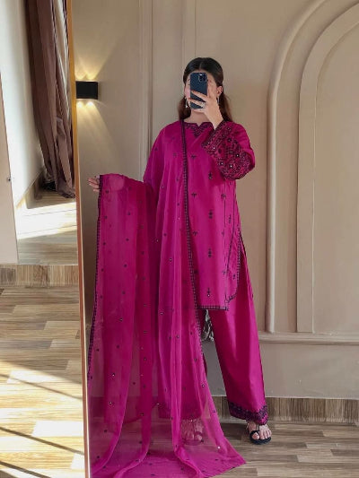 Hot Pink Embroidered Rayon Cotton Farshi Suit Set