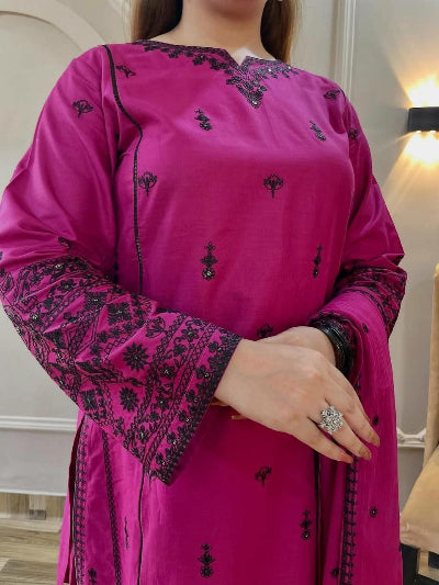 Hot Pink Embroidered Rayon Cotton Farshi Suit Set