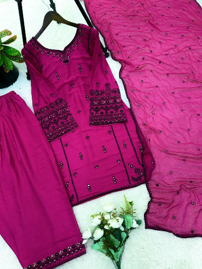 Hot Pink Embroidered Rayon Cotton Farshi Suit Set