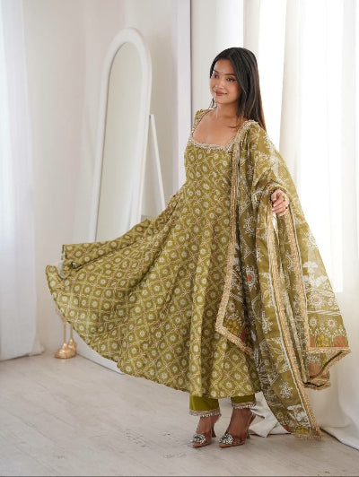 Dusty Olive Green Muslin Anarkali Suit Set