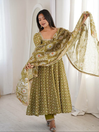 Dusty Olive Green Muslin Anarkali Suit Set