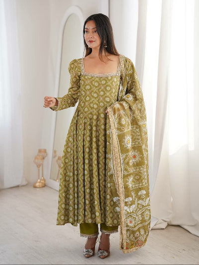 Dusty Olive Green Muslin Anarkali Suit Set