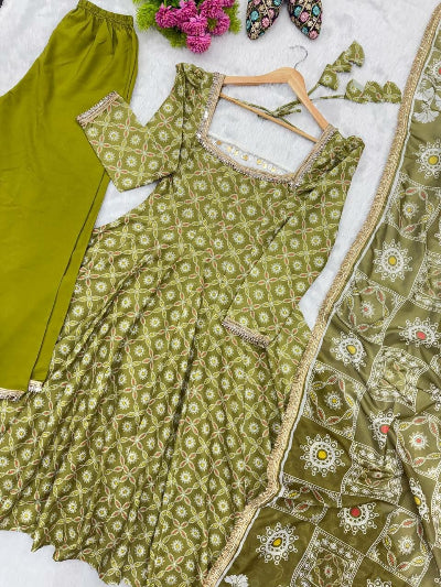 Dusty Olive Green Muslin Anarkali Suit Set