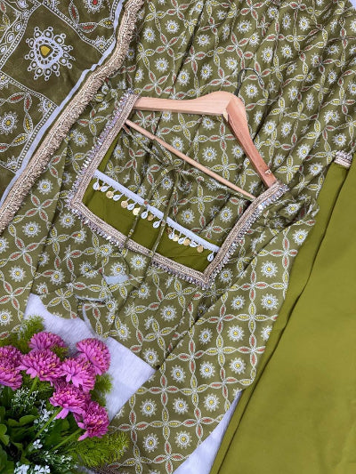 Dusty Olive Green Muslin Anarkali Suit Set
