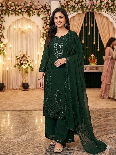 Bottle Green Georgette Embroidered Sequins Palazzo Suit