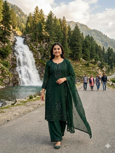 Bottle Green Georgette Embroidered Sequins Palazzo Suit