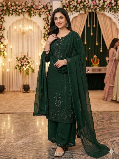 Bottle Green Georgette Embroidered Sequins Palazzo Suit