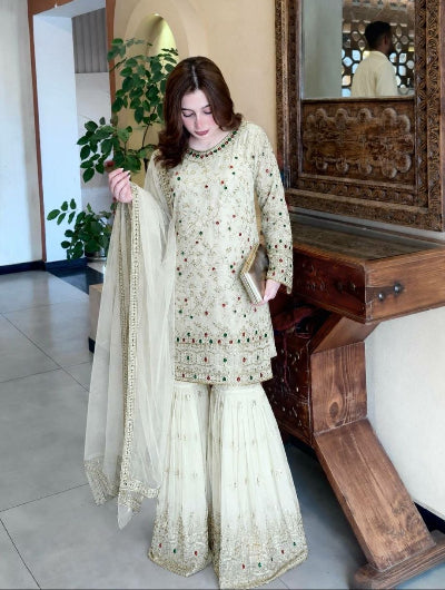 White Embroidered Soft Kundan Organza Gharara Suit