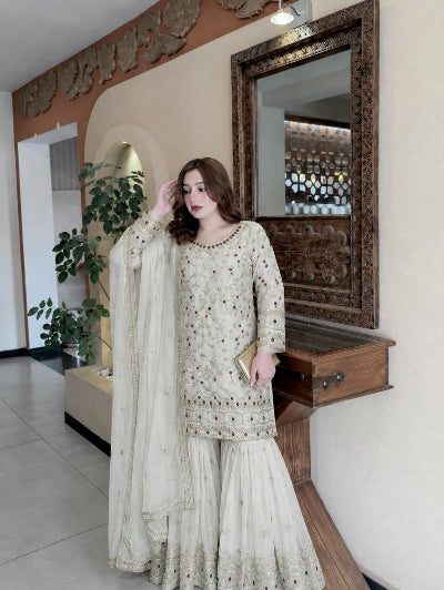 White Embroidered Soft Kundan Organza Gharara Suit