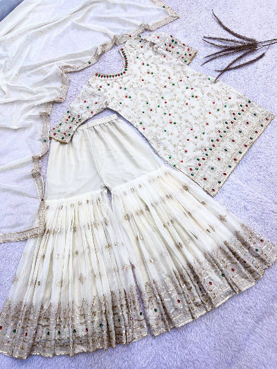 White Embroidered Soft Kundan Organza Gharara Suit
