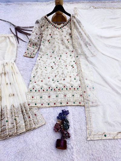 White Embroidered Soft Kundan Organza Gharara Suit