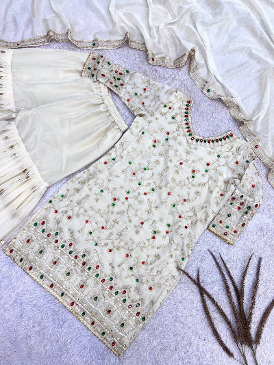 White Embroidered Soft Kundan Organza Gharara Suit