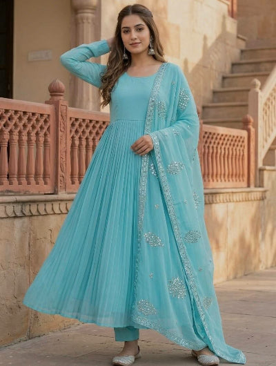 Light Blue Georgette Flair Anarkali Gown Suit Set